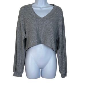 Shein Gray Ribbed Cropped Sweater V Neck Knit Top Long Sleeve Women’s Small